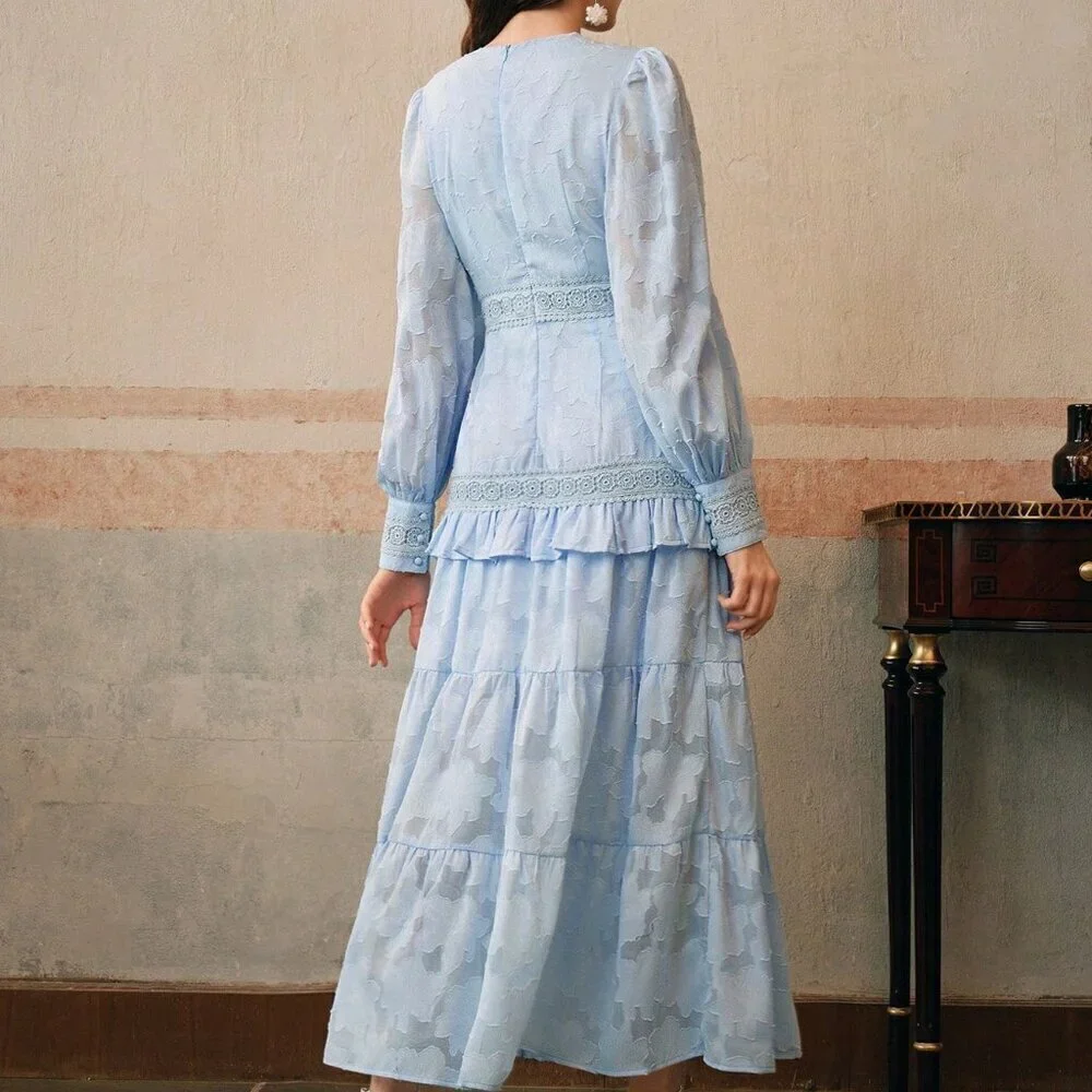 Baby Blue Elegant Women's French Style Ruched V-Neck Puff Sleeve Maxi Dress - Picture 2 of 6